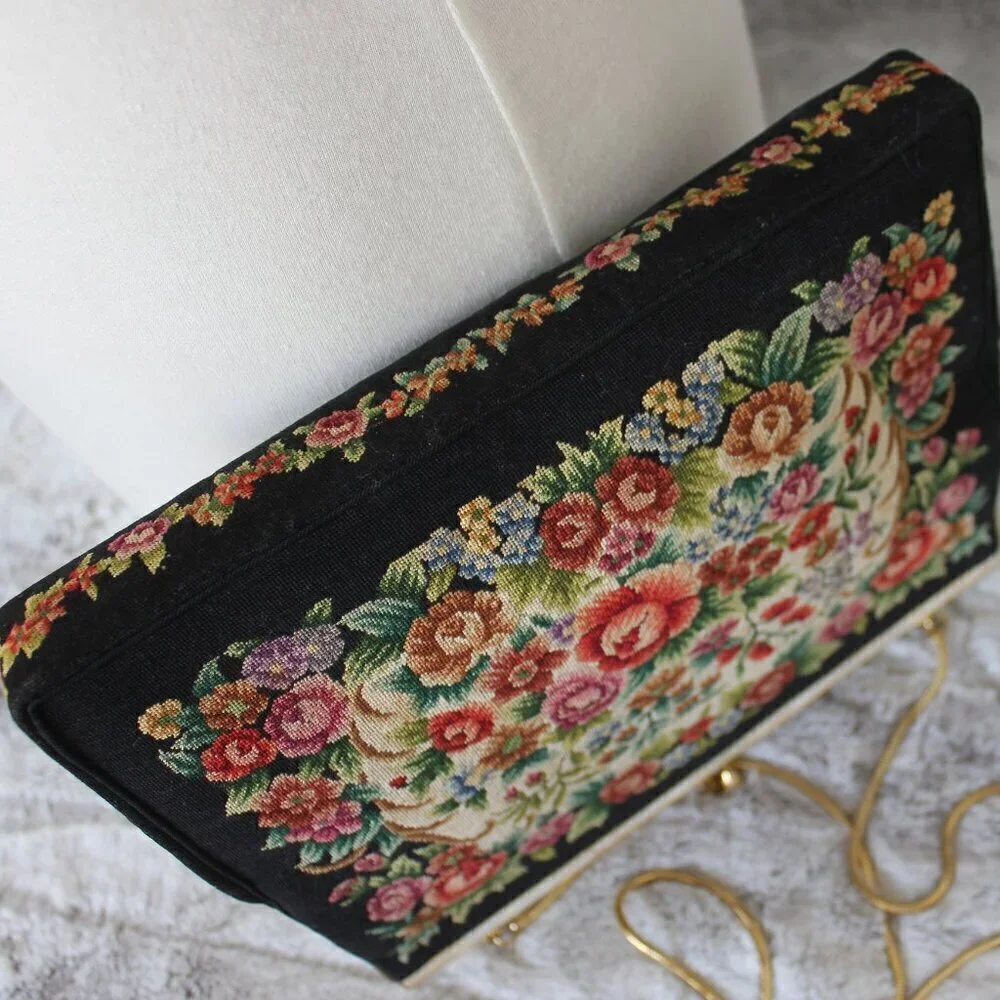 Vintage Style Petite Needlepoint Point Embroidery Handbag Gold Strap Purse
